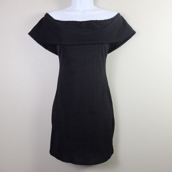 WAYF Black Ribbed Off-the-Shoulder Mini Dress Pom-Pom Ric-Rac Trim Size Small - Picture 2 of 6